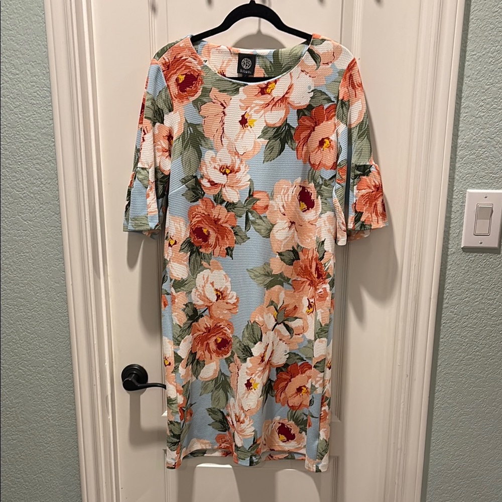 Bobeau Blue and Rose Pink Sheath Dress 3/4 Sleeve Scoop Neck Midi